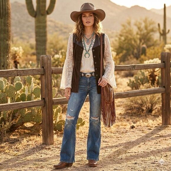 Cache Jackets & Blazers - Vintage Cache Size M Suede Vest Chocolate Brown Longline Western Bobo Festival